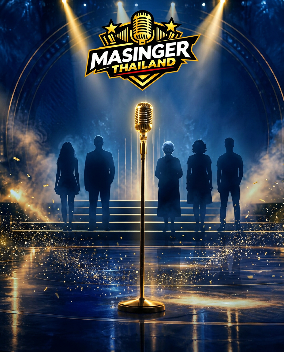 Key Visual MASINGER THAILAND ไมโครโฟนทองกลางเวทีพร้อมผู้เข้าประกวดหลายช่วงวัย